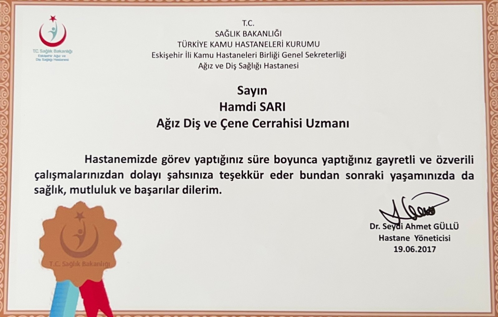 T.C. Sağlık Bakanlığı Eskişehir — Teşekkür Belgesi